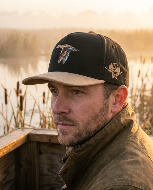 Tan Suede Brim & Black Duck Design with Shotgun Embroidery